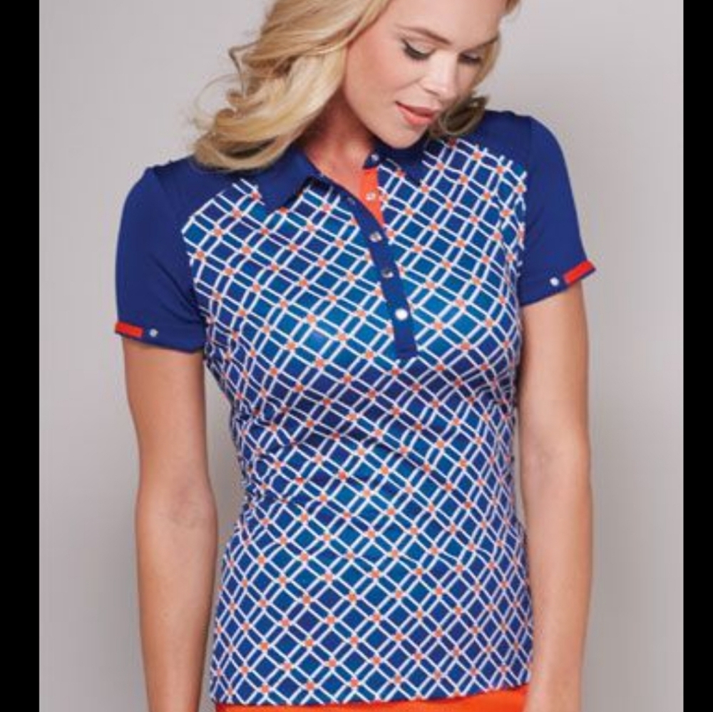 Tail Blue Geometric Short-Sleeve Polo with Orange Accents